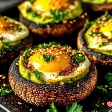 Avocado and egg stuffed portobello mushrooms on a plate