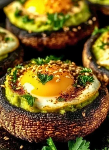 Avocado and egg stuffed portobello mushrooms on a plate