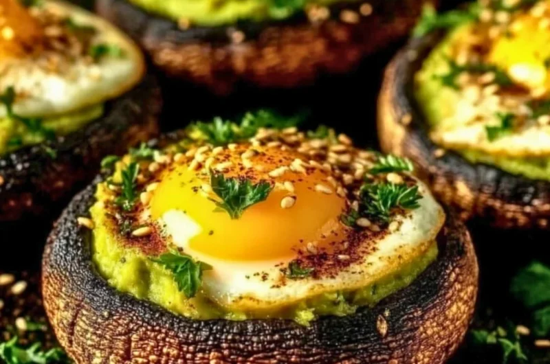 Avocado and egg stuffed portobello mushrooms on a plate