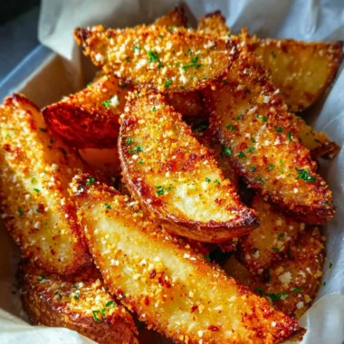Crispy baked garlic parmesan potato wedges garnished with herbs.