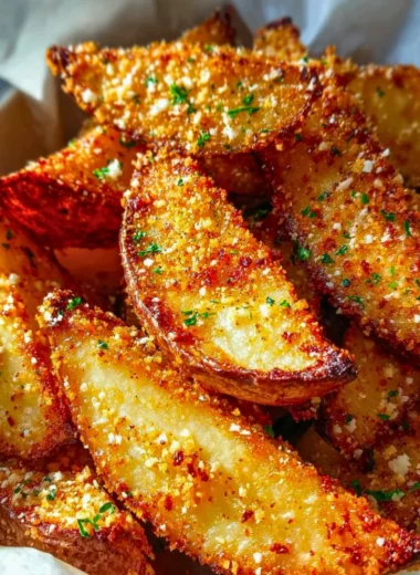 Crispy baked garlic parmesan potato wedges garnished with herbs.
