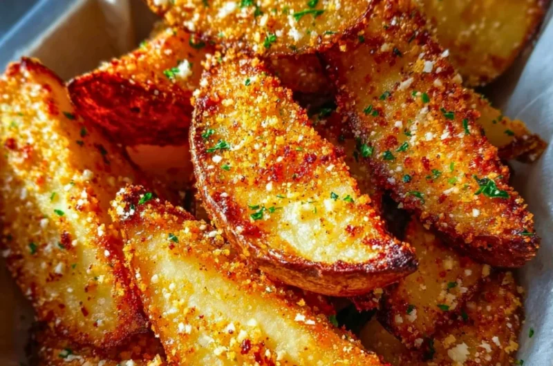Crispy baked garlic parmesan potato wedges garnished with herbs.