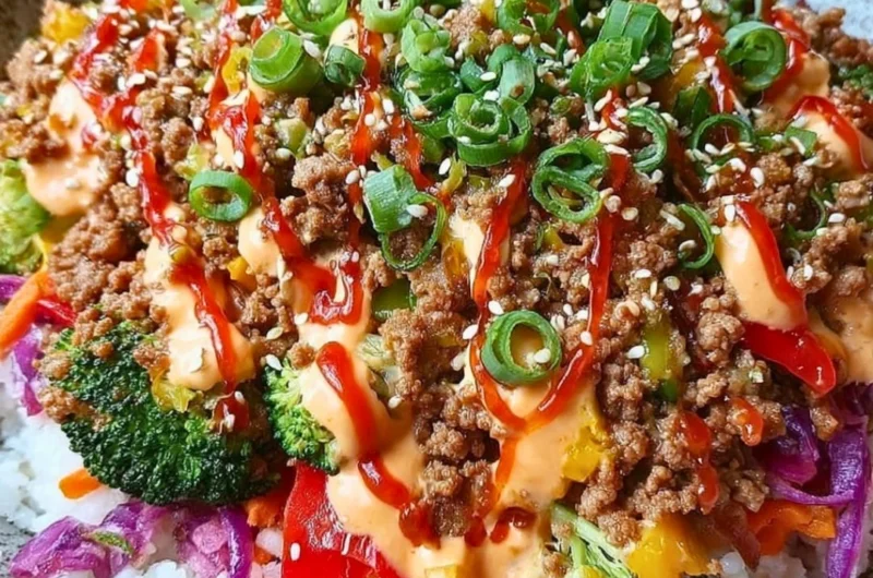 Delicious Bang Bang Ground Turkey Rice Bowls served in a colorful bowl.