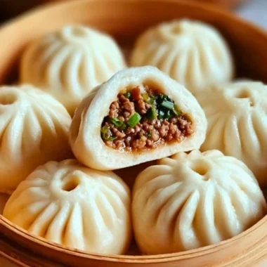 Steamed Beef Bao Buns filled with savory beef and herbs