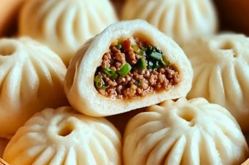 Steamed Beef Bao Buns filled with savory beef and herbs