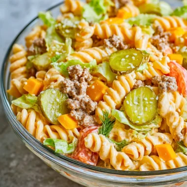 Delicious Big Mac Pasta Salad served in a bowl with fresh ingredients.