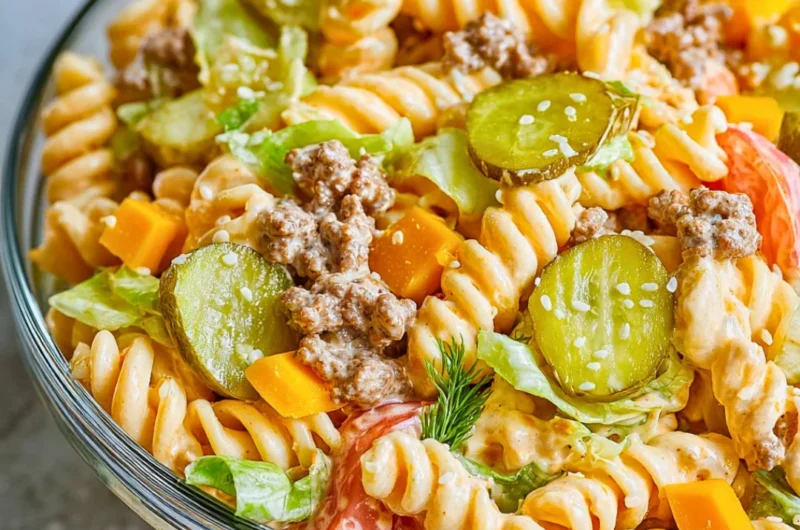 Delicious Big Mac Pasta Salad served in a bowl with fresh ingredients.