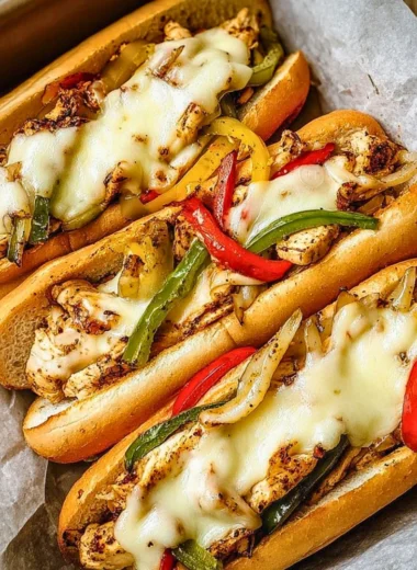 Mouthwatering Chicken Philly Cheese Steaks with cheese and fresh toppings