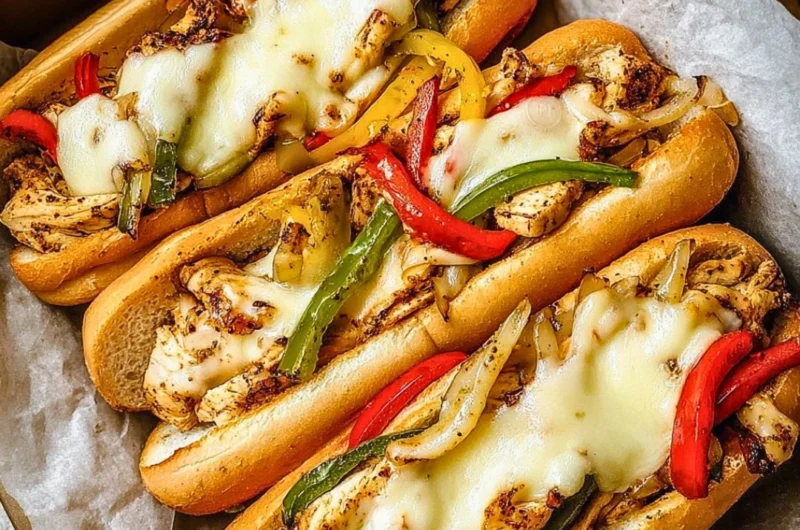 Mouthwatering Chicken Philly Cheese Steaks with cheese and fresh toppings