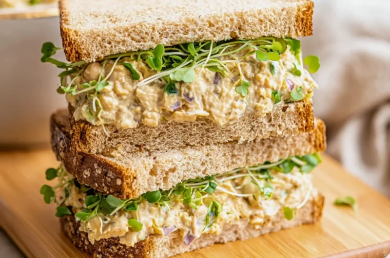 Chickpea salad sandwich ready to serve with fresh ingredients.