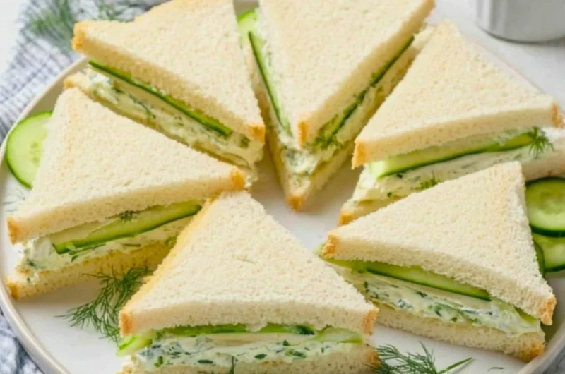 A platter of classic cucumber sandwiches served at a tea party