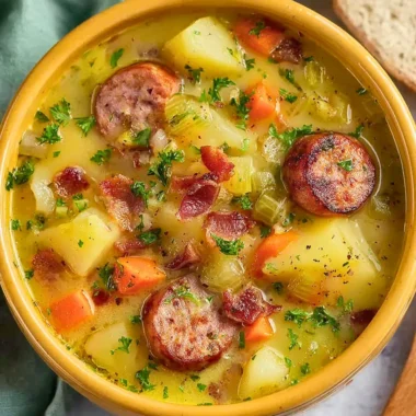 Bowl of Classic German Potato Soup with Sausage garnished with parsley.