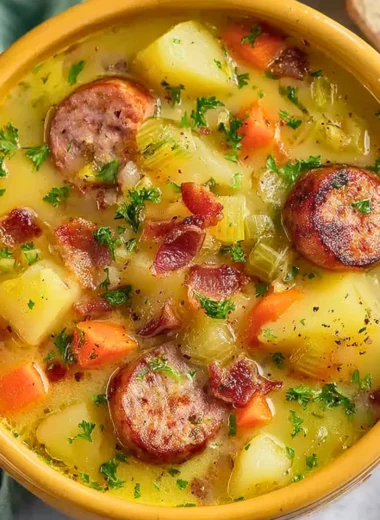 Bowl of Classic German Potato Soup with Sausage garnished with parsley.