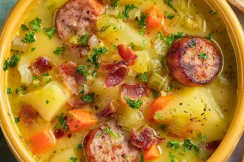 Bowl of Classic German Potato Soup with Sausage garnished with parsley.