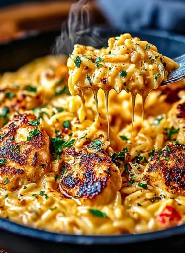 One-pot Cajun Chicken Alfredo Orzo dish served in a bowl