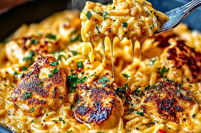 One-pot Cajun Chicken Alfredo Orzo dish served in a bowl