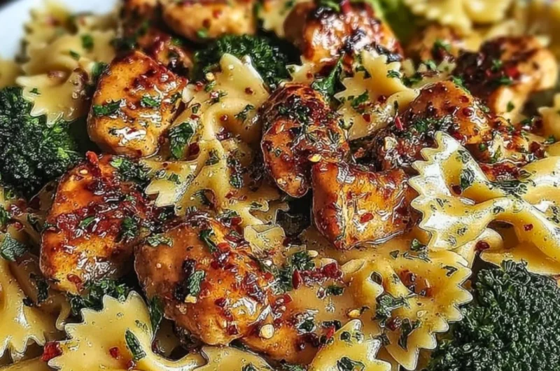 Cowboy Butter Lemon Bowtie Chicken served with broccoli on a plate