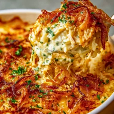 Creamy French Onion Chicken Rice served in a bowl with herbs on top.