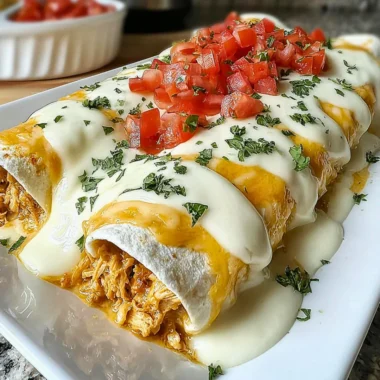 Creamy queso chicken enchiladas served on a plate with toppings.