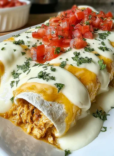 Creamy queso chicken enchiladas served on a plate with toppings.