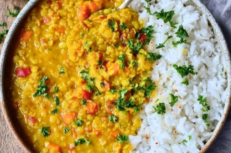 Bowl of creamy red lentil dahl with spices and herbs on a wooden table.