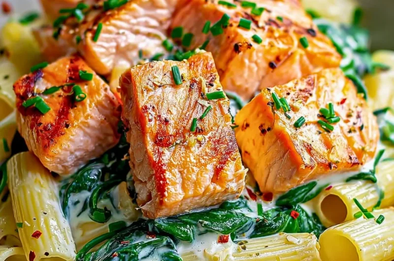 Creamy salmon pasta dish with fresh herbs and a rich sauce