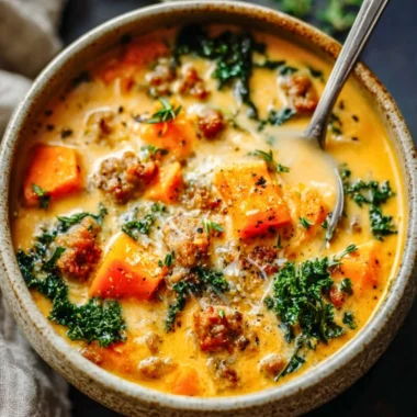 Bowl of creamy sweet potato soup with sausage garnished with herbs