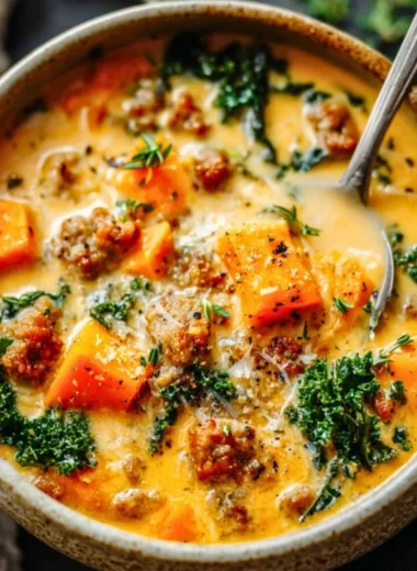 Bowl of creamy sweet potato soup with sausage garnished with herbs
