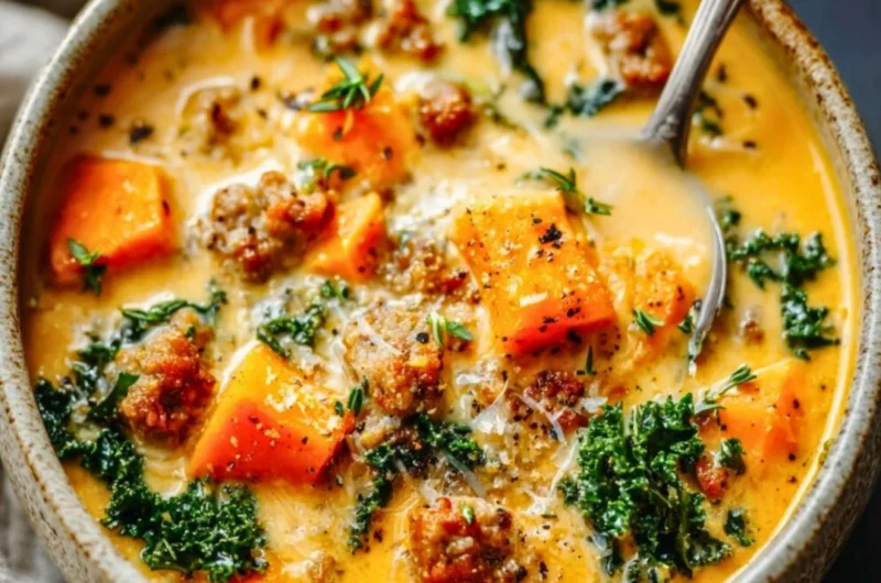 Bowl of creamy sweet potato soup with sausage garnished with herbs