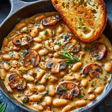 Creamy white bean and mushroom skillet served in a cast iron pan