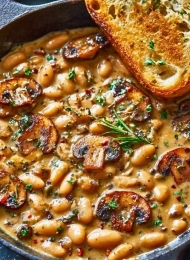 Creamy white bean and mushroom skillet served in a cast iron pan