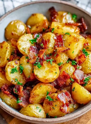 Crispy bacon honey roasted potatoes served as a delicious side dish