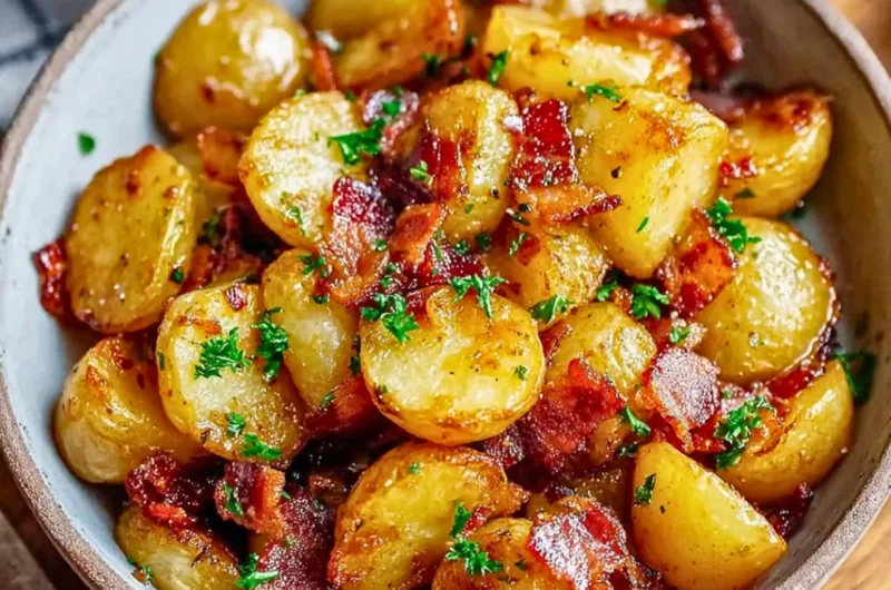 Crispy bacon honey roasted potatoes served as a delicious side dish