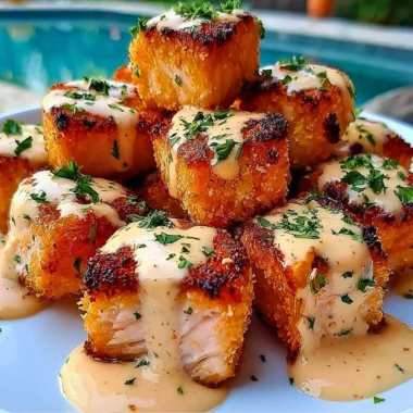 Crispy Bang Bang Salmon Bites served on a plate with dipping sauce.