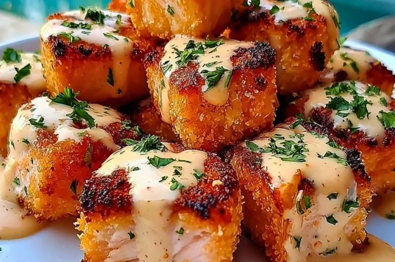 Crispy Bang Bang Salmon Bites served on a plate with dipping sauce.