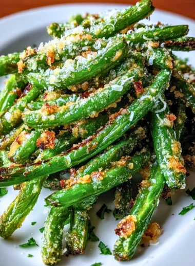 Crispy garlic parmesan roasted green beans on a plate garnished with herbs.