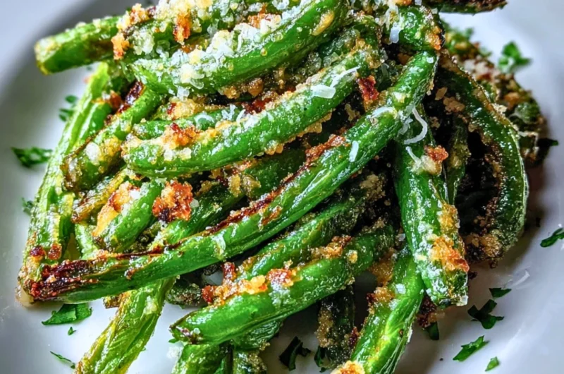 Crispy garlic parmesan roasted green beans on a plate garnished with herbs.