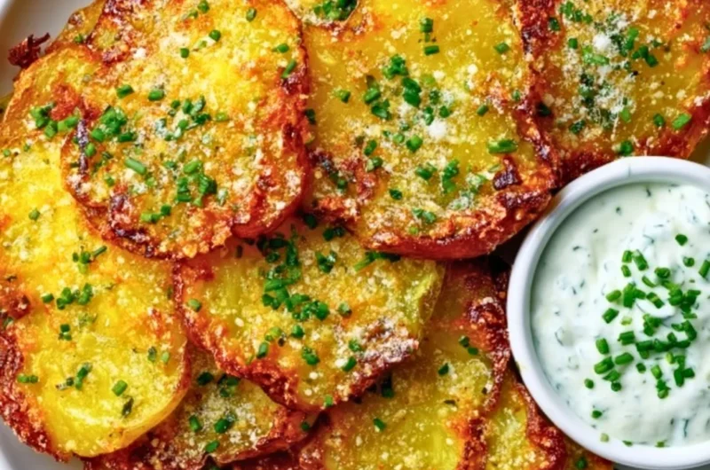 Crispy garlic parmesan smashed potatoes served on a plate