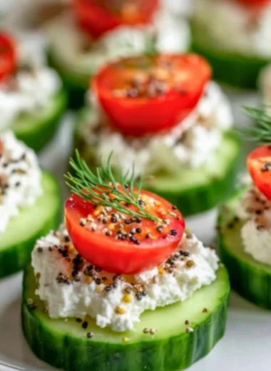 Cucumber cottage cheese bites arranged on a platter for a healthy snack