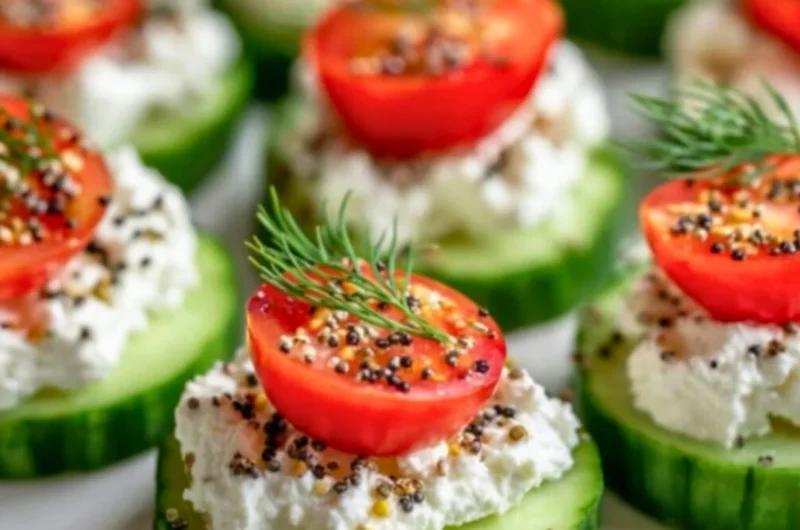 Cucumber cottage cheese bites arranged on a platter for a healthy snack