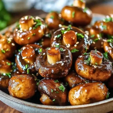 Delicious oven-roasted mushrooms with soy sauce and honey on a plate