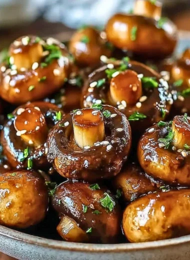 Delicious oven-roasted mushrooms with soy sauce and honey on a plate