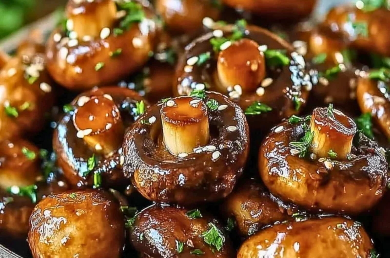Delicious oven-roasted mushrooms with soy sauce and honey on a plate