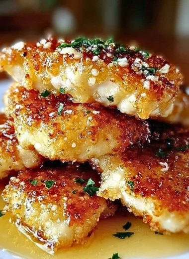 Crispy lemon pecorino chicken garnished with fresh herbs