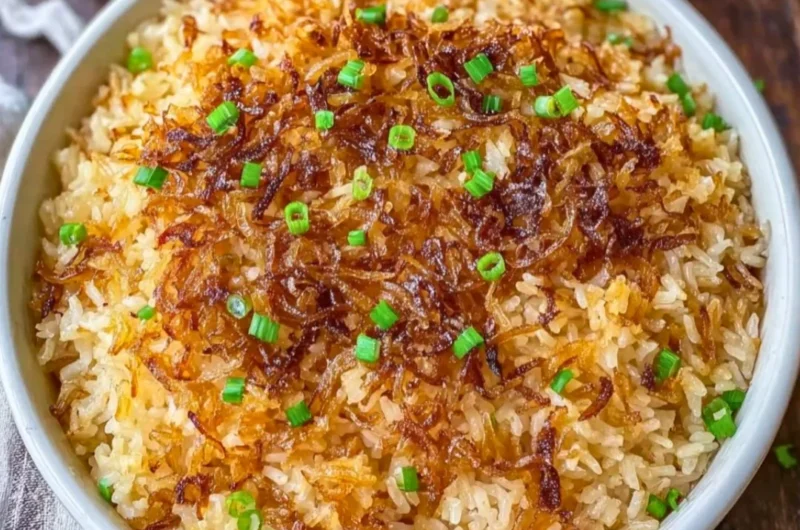 Plate of French Onion Butter Rice served as a delicious side dish