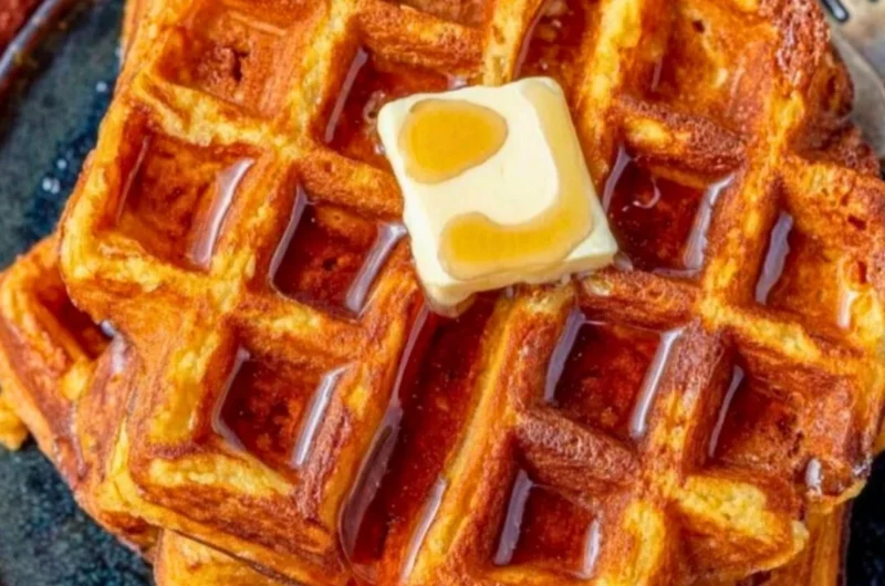 Delicious French Toast Waffles topped with syrup and berries