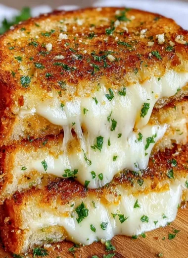 Delicious garlic bread grilled cheese sandwich with melted cheese