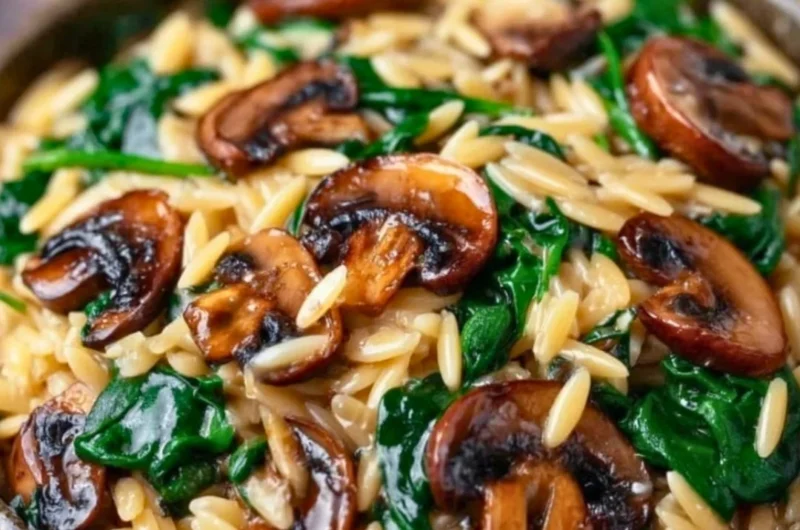 Garlic Butter Orzo with Mushrooms and Spinach served in a bowl