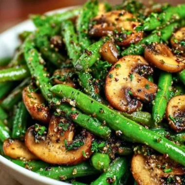 Garlic butter sautéed green beans with mushrooms served in a bowl