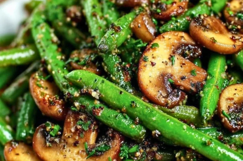 Garlic butter sautéed green beans with mushrooms served in a bowl